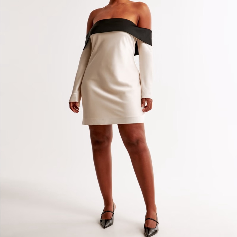 Long Sleeve Off-The-Shoulder Satin Mini Dress